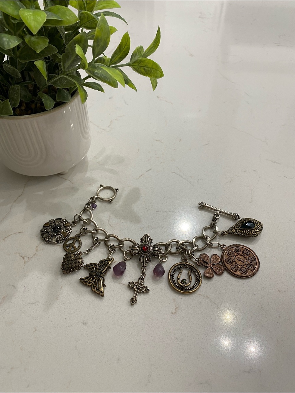Lucky Brand Silver-Tone Charm Bracelet with Purple Beads and Mixed Metal Charms